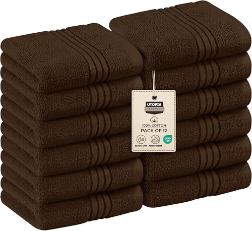 Utopia Towels 12 Pack Premium Wash Cloths Set, 12 by 12 Inches, 100% Cotton Ring Spun, Highly Absorbent and Soft Feel Washcloths for Bathroom, Spa, Gym, and Face, Dark Brown