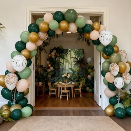 Image of Green Brown Balloons Sage Green Khaki Nude Zebra Giraffe Print Balloon Dark Olive Avocado Coffee Apricot Beige Birthday Party Decorations for Boys Jungle Safari Woodland Forest Animal Baby Shower