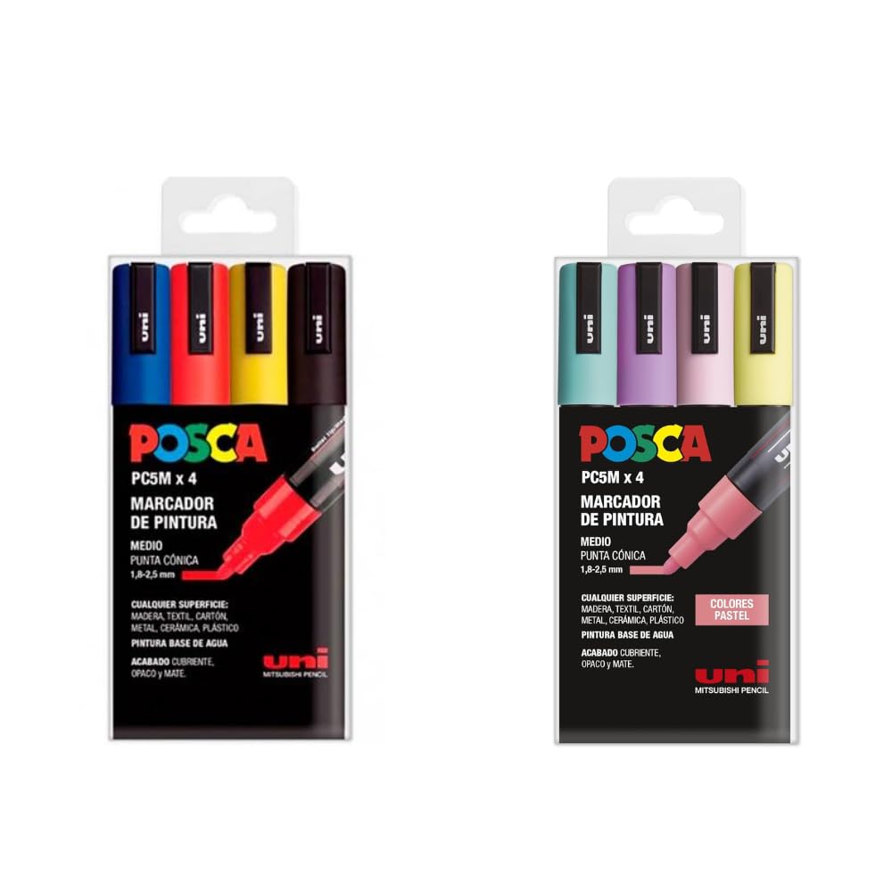 Rotuladores POSCA PC-5M Pack de 8 Colores – 4 Colores Básicos + 4 Colores Pastel – Punta Media – Tinta Acrílica Permanente para Papel, Madera, Tela, Vidrio, Piedra y Más