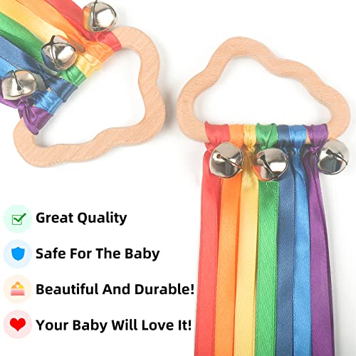 MEROCO Dancing Ribbon Hand Kite Rainbow Hand Kite for Playroom Dancing Toddler Rainbow Streamers Sensory Ribbon with Wood Rings (2pcs)