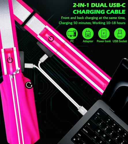 LED Belt Reflective Sash for Walking at Night,High Visibility Adjustable Night Running Safety Gear,Light Up Running Belt Reflective Gear with Phone Bag/Armband for Runners Walkers Men Women (Pink) - Image 4