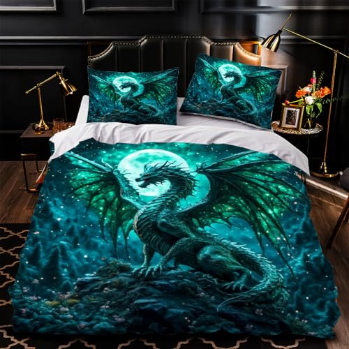 Parure de lit 200x200 cm dragon vert en microfibre douce et infroissable