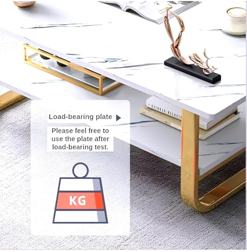 Image of Engineered Wood Coffee Table with Metal Base & 2 Tier Storage | Modern Rectangle Center Table for Living Room Sofa Set | Easy DIY Assembly (90 x 48 x 48 cm) (White Gold)