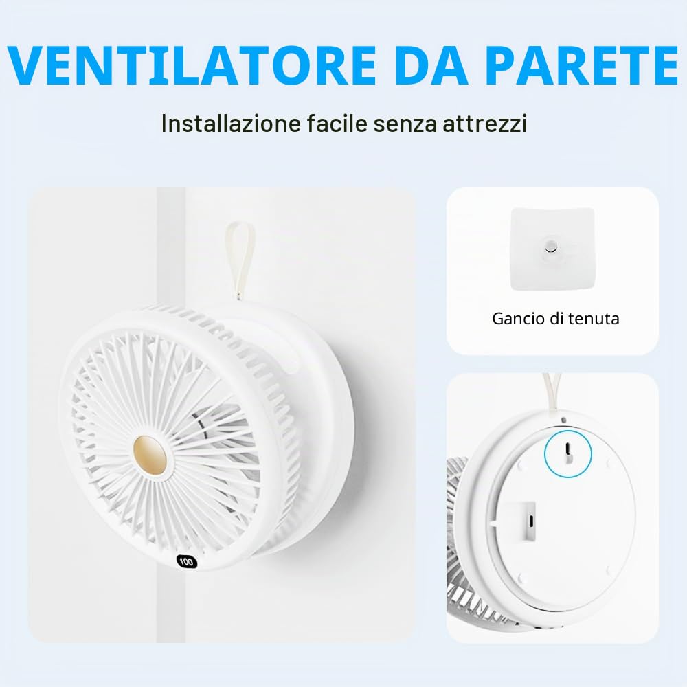 SLuB Ventilatore da Tavolo, Oscillazione Automatica a 120°, Luce LED, Velocità del Vento a 6 Velocità, Ventilatore Turbo Silenzioso per Casa, Ufficio, Cucina, Ecc (Bianco)