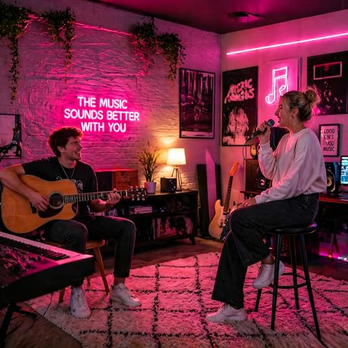 Image of Neon Sign, The Music Sounds Better with You Neon Signs for Wall Decor Neon Pink LED Signs Room Neon Light Up Signs Home Decor for Business Bedroom Club Party Bars Shop USB Operated