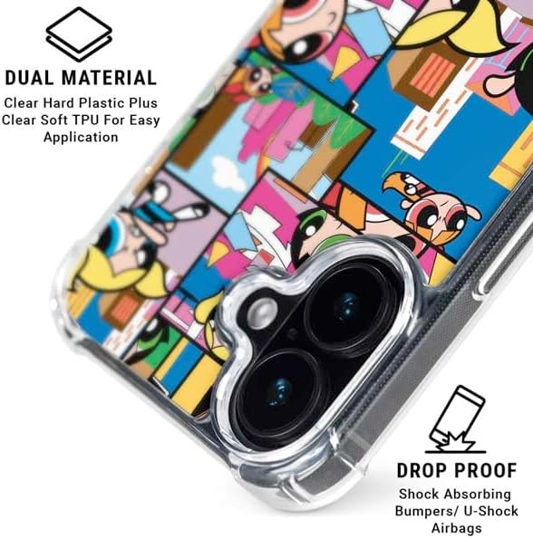 Skinit Clear Phone Case Compatible with iPhone 17 - Officially Licensed Cartoon Network Powerpuff Girls Patches Design