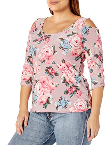 Star Vixen Women's Plus Size Cold Shoulder Sccop Neck 3/4 Cutout Cinch Sleeve Top, Multi, 2X