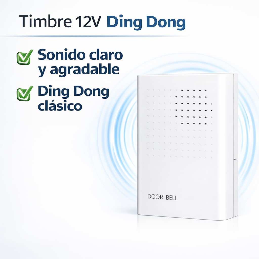 Rasmacor | Timbre 12V con Cable para Puerta – Timbre Eléctrico Ding Dong Bajo Voltaje DC 12V, Interior, Sonido Claro y Potente, Instalación Fácil, Resistente Agua ABS, Timbre Cableado Hogar Vivienda