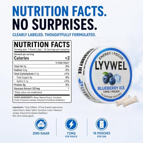 Image of LyvWel 72mg Caffeine Energy Pouches - Cherry Blast, Blueberry Ice, Mango Crush - Clean Energy with Guarana for Focus & Stamina - 3-Pack (48 Total Pouches)