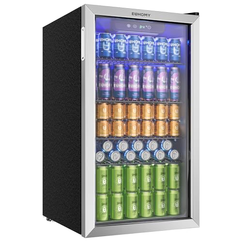 EUHOMY Getränkekühlschrank, Minikühlschrank für 126 Dosen mit Glastür, kleiner Kühlschrank mit verstellbaren Regalen für Limonade, Bier oder Wein, perfekt für Zuhause/Bar/Büro, Silber, Edelstahl