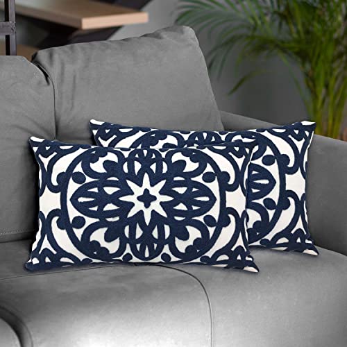 Alysheer Embroidered Lumbar Decorative Throw Pillow Covers 12"X 20" Set Of 2, Classic Boho Mandala Embroidery Pattern Cotton Rectangular Cushion Case For Sofa Couch Living Room Bedroom(Navy Blue) #TOP1