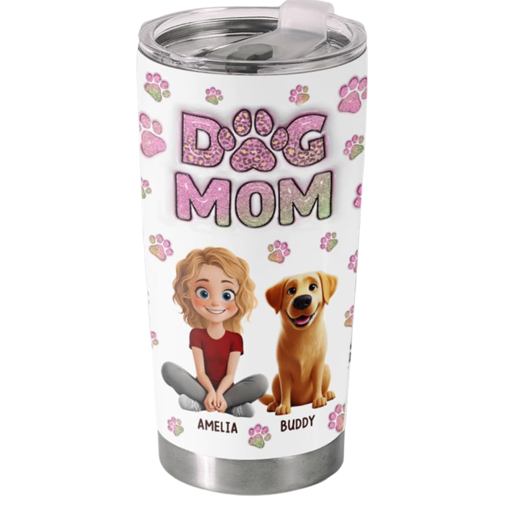 DOPTIKA Mothers Day Birthday Gifts for Pet Lovers, Personalized 2D Dog Tumblers with Names, Dog Mom Gifts for Women, Best Mom Ever Gift, 20 Oz Coffee