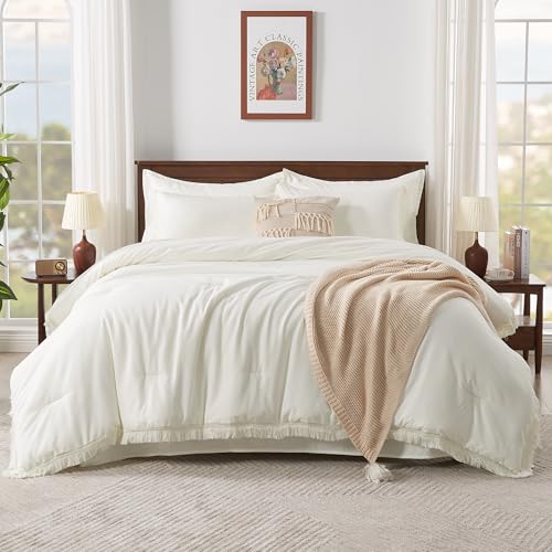 Image of Andency Ivory Queen Size Comforter Set with Sheets - 7 Pieces Boho Tassel Bed in a Bag Soft Lightweight Bedding Sets, Ivory Fringe Bed Set with Comforter, Sheets, Pillowcases & Shams