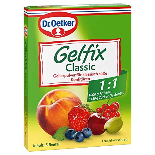 Dr. Oetker Gelfix Classic 1:1, 60 g (3 Beutel je 20 g), Gelierpulver für klassisch süße Konfitüre, traditionelles Geliermittel, Konfitüren, Marmeladen & Gelees selber machen, gleiches Verhältnis von Frucht und Zucker, vegan