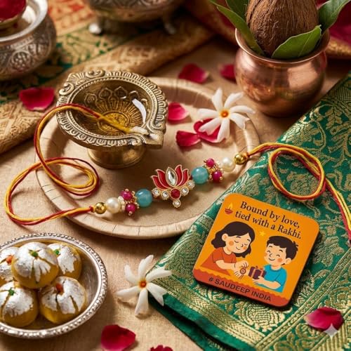 Image of SAUDEEP India Decorative Fridge Magnet for Refrigerator Decor | Free Lotus Rakhi for Brother | Raksha Bandhan Gift Combo Set | Cotton Thread Rakhi for Bhai Bhaiya | Festive Home Decor(Design Top 2)