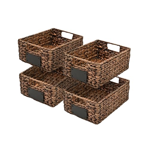 happimess Lane Hyacinth Wicker Pantry Baskets 9″x12″x5″, Brown, Set of 4 | Handwoven Decorative Seagrass Containers, Chalkboard Labels, Built-In Handles, Classic Farmhouse Style, Iron Metal Frame