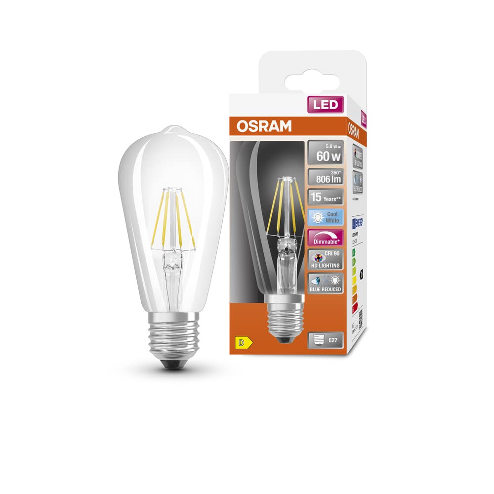 OSRAM Superstar dimmable LED lamp with Extra high Colour Rendering (CRI90), E27-base Filament Optics,Cold White (4000K), 730 Lumen, 60W-Replacement, dimmable, 1-Pack