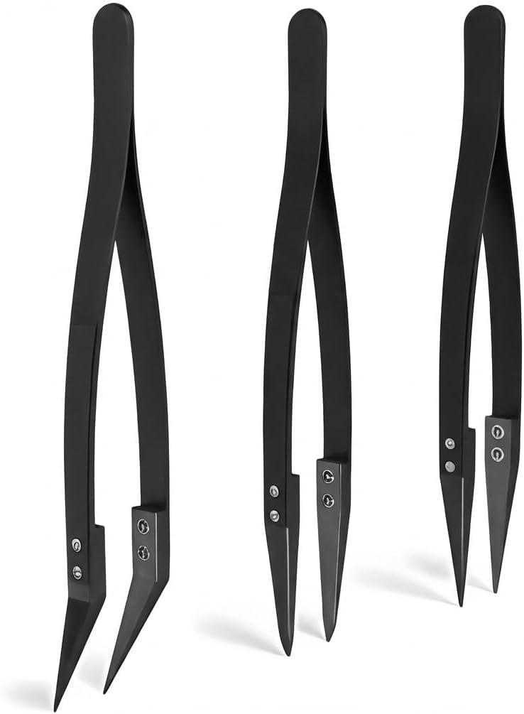 Black Ceramic Tweezers Set - Antistatic, Anticorrosion, Antimagnetic, Highly Heat Resistant up to 3000F (3 Pack) - Stainless Steel Handle - Zirconia Tips