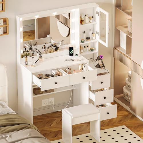 Image of 35.4 inch Makeup Vanity Desk with Charging Station, White Makeup Dressing Table with Mirror & Lights, 3 Lighting Modes Adjustable Brightness, Vanity Table with Power Outlet & 5 Drawers Round Handle