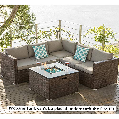 COSIEST-4-Piece-Propane-Fire-Pit-Outdoor-Furniture-Brown-Sofa-Set-Patio-Sectional-w-32-inch-Square-Wicker-Fire-Table-40000-BTU-Fits-20lb-Tank-Outside-w-Glass-Wind-Guard-for-Garden-Backyard