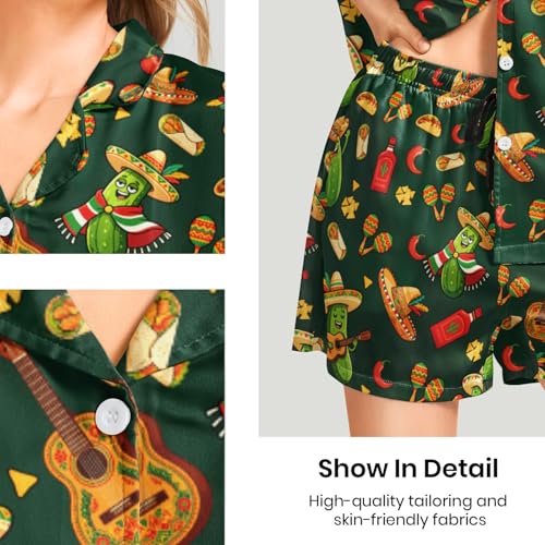Image of Funny Pajamas for Women Set Print Satin Loungewear Pjs Short Sleeve Button Down Top and Shorts Sets Sleepwear XS-3XL
