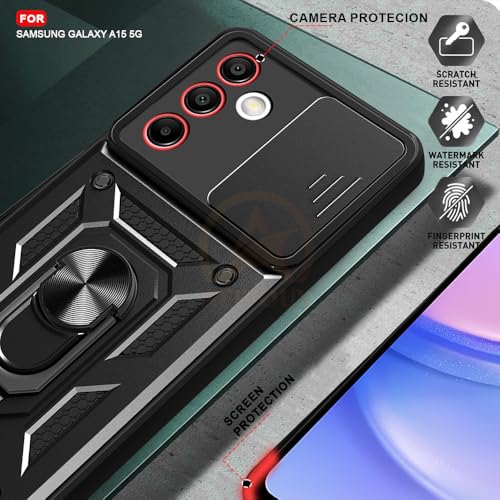 Image of Armor Bumper Back Cover Case for Samsung A15 Rotating Camera Cover, Ring Holder & Kickstand | Heavy Duty & 360 Degree Protection Samsung A15 Back Cover (Black)