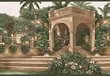 Mediterranean Palm Trees Flowers Villa Vintage Wallpaper Border Retro Design, Roll 15' x 7''