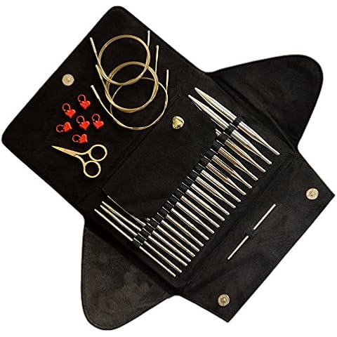 addi Click Basic Gold Edition - Interchangeable Needle Set - Included addi Gold Scissors, addi Gold Cords, addi Love Stitch Marker and addiGrip Pads Cover