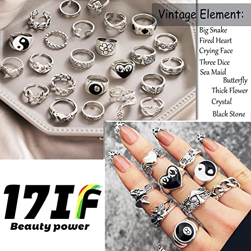 35 Pcs Vintage Silver Knuckle Rings Set For Women Girl Men, 17If Grunge Gothic Rings Chunky Aesthetic Snake Stackable Ring Adjustable Y2K Punk Bulky Boho Finger Alt Of Rings, Stacking Fairy Skull Frog Heart Star Flower Midi Ring Pack #TOP1