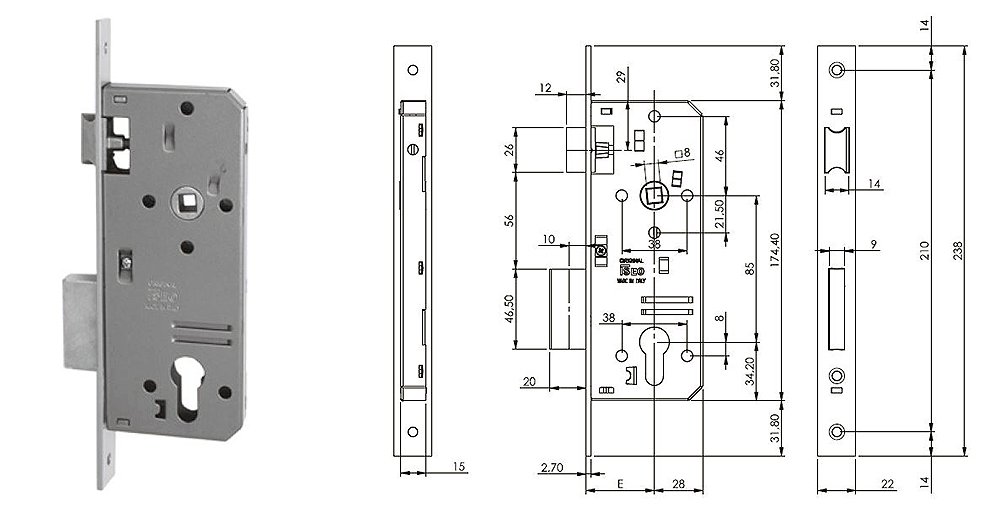 Iseo - Serratura Infilare Porta Legno Entrata 60MM Frontale Acciaio Ottonato Bordo Quadro - 4