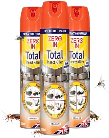 Zero In Total Indoor Insect Killer โ Knockdown Action for Indoor Flying & Crawling Insects โ Low Odour, Stain-Free Bug Spray - Suitable for Home Use - 300ml X3 Pack