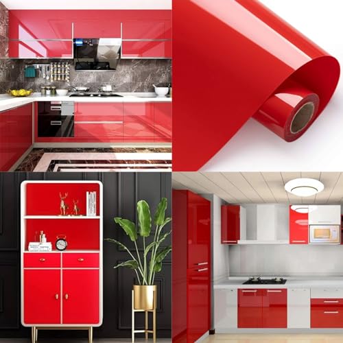 Image of CREON Glossy Red Wallpaper Peel and Stick Vinyl Waterproof Self Adhesive Wall Sticker for Kitchen Countertops, Cupboard, Cabinet, Wardrobe, Bedroom(in 24X96, RED Glossy WP)