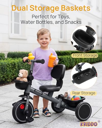 Image of KRIDDO 2-in-1 Tricycle for Toddlers 1.5-5 Years, Push Tricycle with Parent Steering & Detachable Handle, 9-Stage Adjustable Handlebar, Toddler Trike with Safety Belt, Clutch Pedals & Dual Basket, Grey