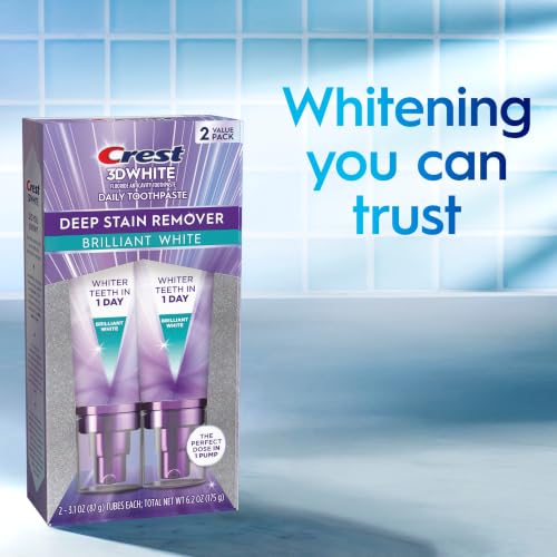 Crest 3D White Deep Stain Remover Brilliant White Toothpaste, 3.1 oz (Pack of 2), Whiter Teeth in 1 Day, Enamel Safe Fluoride Toothpaste for Fast Stain Removal and Prevention - image 9