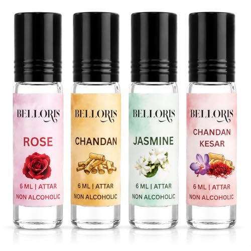 Image of Rose ,Chandan, Jasmine & Chandan Kesar, 4 x 6ml, Attar Gift Set for Men & Women, Non Alcoholi Perfume Oil | Premium Roll On Ittar Fragrance Gift Box Special Occasions Eid, Ramadan, and Umrah Gifts
