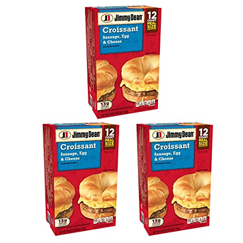 Jimmy Dean Sausage, Egg & Cheese Croissant - 3 Boxes (12 Sandwiches Each box, 36 Sandwiches Total) - Frozen Sandwiches - Breakfast On-the-Go