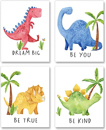 Image of Gubrandin Watercolor Dinosaur Art Print Inspirational Quote Wall Art Nursery Bedroom Decoration Funny Animals Plants Poster for Boys or Girls Bedroom (8x10 inch，Set of 4，Unframed)
