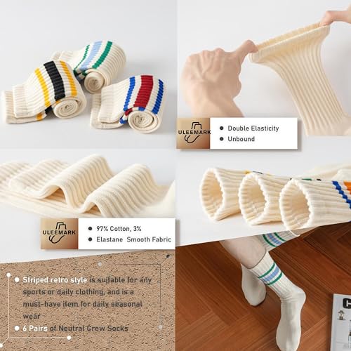 ULEEMARK 6 Pairs Of Neutral Crew Socks, Striped Retro Sports Calf Leather Socks, Casual Cotton Socks For Men & Women（7-15）4