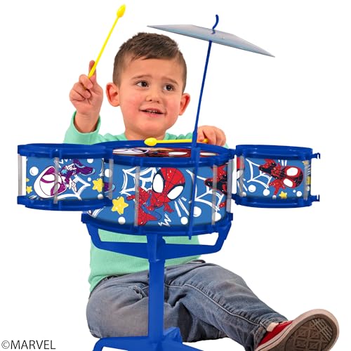 Hedstrom Large Drum Set - 3 Drums, 1 Cymbal, 2 Drum Sticks & Stand, Spidey & Friends