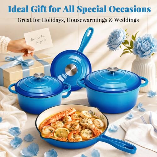 Image of LIFERUN 7Pcs Enameled Cast Iron Cookware Set, Cast Iron Pots and Pans Set