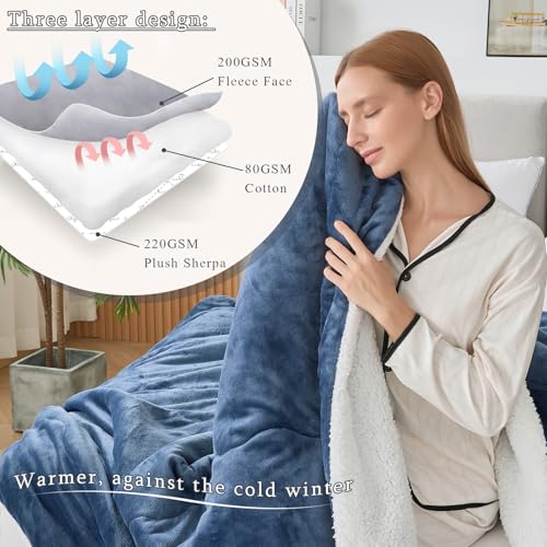 CHOSHOME Sherpa Fleece Blanket- Thick Warm Blanket for Winter, Soft Fuzzy Plush Blanket for Bed, Couch, Travel (Navy Blue, Oversized King 96" x 120")