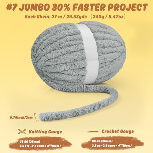 Image of Inhand Chunky Chenille Yarn for Hand Knitting,Thick Bulky Blanket Yarn for Crocheting,Soft Fluffy Yarn for Crochet Birthday Gifts for Men /Women /Beginners,18 Pack (29.5Yds /8.4oz Each),Frost Gray