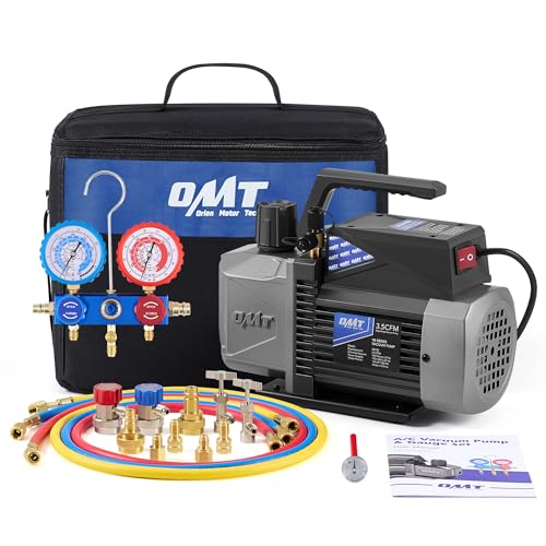 Image of Orion Motor Tech A2L AC Vacuum Pump and Gauge Set, for R1234yf R32 R134a R410A Systems with 3.5 cfm Sparkless Ignition Proof Vacuum Pump, 3 Way AC Gauges Quick Couplers Can Taps Hoses Thermometer