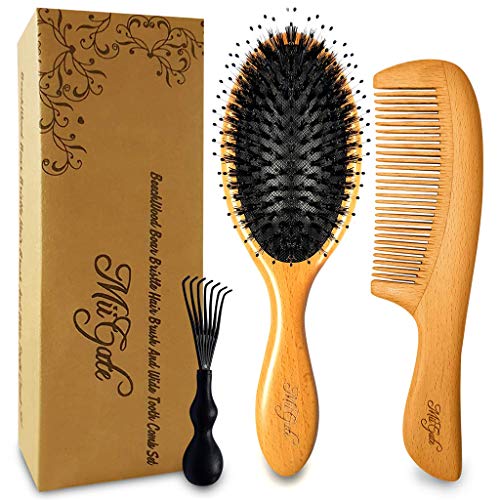 Wooden Brush Set for Men and Women/Oval Paddle Brush and Detangling Comb/Beech Wood Boar Bristle Hair Brush – Adds Wide Tooth Comb for Curly Hair and Hairbrush Cleaner (Beech wood) by MiiGate