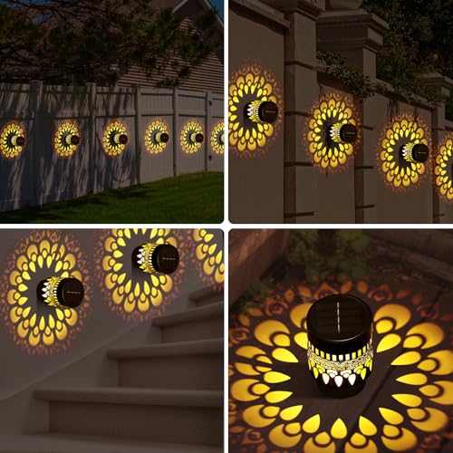 Image of Neoglint Warm White Solar Fence Lights Outdoor Metal IP55 Waterproof | Projects peacock pattern, Durable iron & ABS, 12h long illumination, Auto ON /OFF for garden, wall, deck and step decor