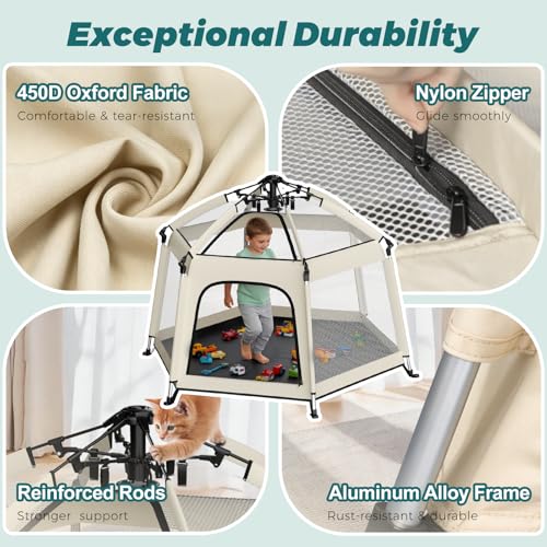 Image of Foldable Baby Playpen with Canopy: Durable 450D Oxford & Aluminum, Beige | Pop-Up Play Tent, Easy Setup, UPF50 Sun Protection, Lightweight, Mosquito Net, for Beach Travel Outside Indoor, for Kid & Pet