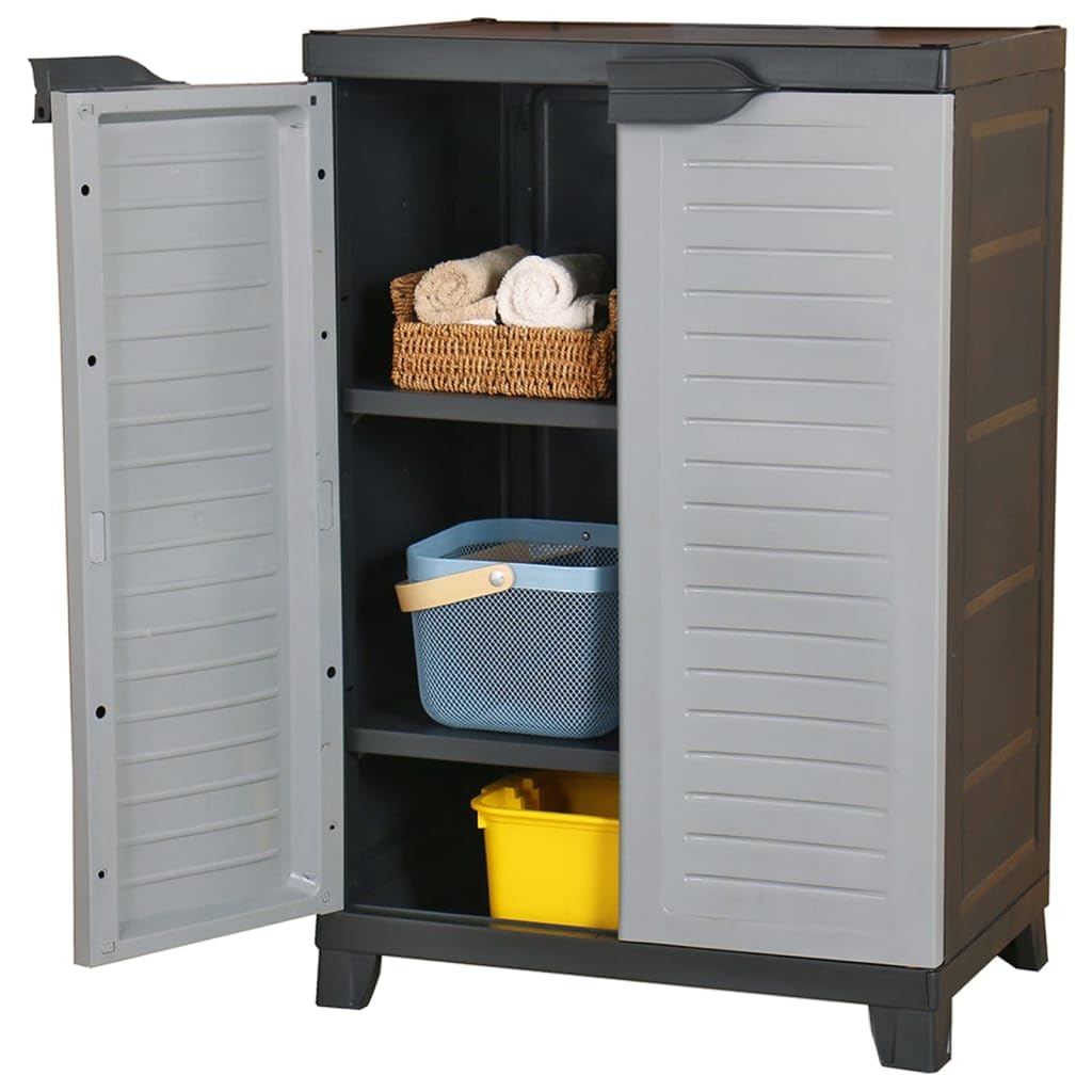Armadio portaoggetti in plastica, 65 x 45 x 97 cm, grigio, multiuso con 2 ante e 3 ripiani, chiudibile, per ufficio, garage, cantina, officina, crea ordine