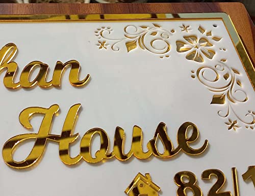 Image of Aarushi Creations Acrylic Personalized Home Name Plate - 3 Year Warraty - Acrylic Embossed Letters with Mirror Shine (White, Golden) 0319 (16x12 Inch)