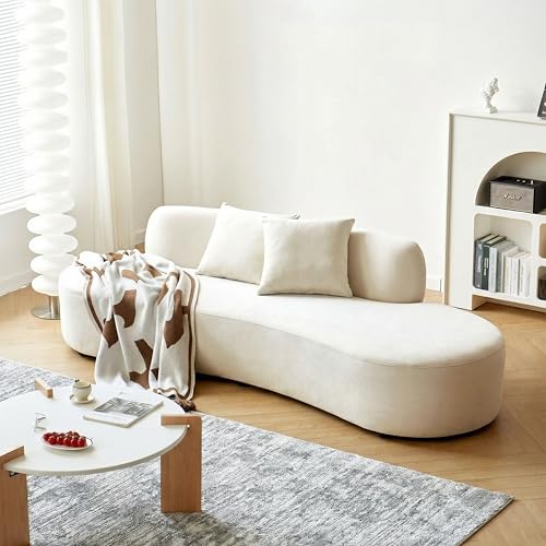 Container Furniture Direct 90' Curved Sofa with Throw Pillows, 4 Seater Luxury Velvet Couch with Half Moon Design and High-Density Foam, Ideal for Modern Living Room, Office & Apartment, Ivory