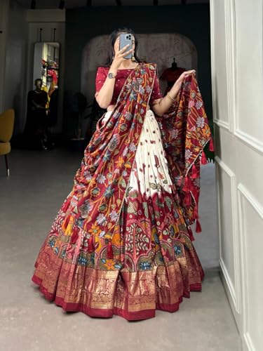 Image of Women's Maroon & Cream Lehenga Choli with Printed Dupatta, Dolla Silk Navratri Chaniya Choli for Garba, Wedding Party Wear Traditional Ethnic Lehenga Set